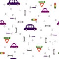 Seamless children`s boyish pattern. Transport, road signs, tools on a white background.